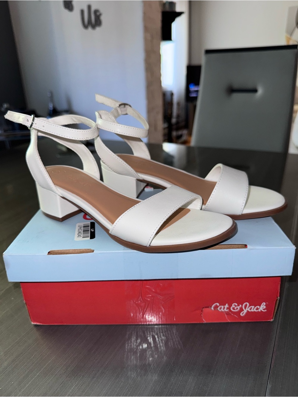Girls White Block Heel Sandals with Ankle Strap